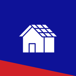 House icon with solar panels, blue background. House icon with solar panels, blue background.