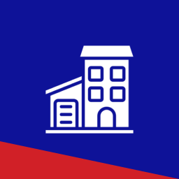 White buildings icon on blue background. White buildings icon on blue background.