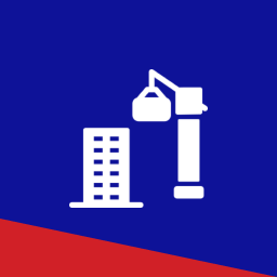 Crane and building icon on blue background. Crane and building icon on blue background.