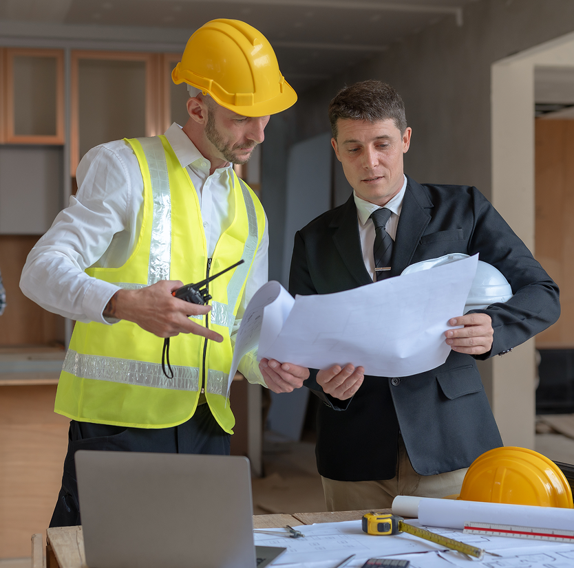 Engineer and architect reviewing construction plans. Engineer and architect reviewing construction plans.