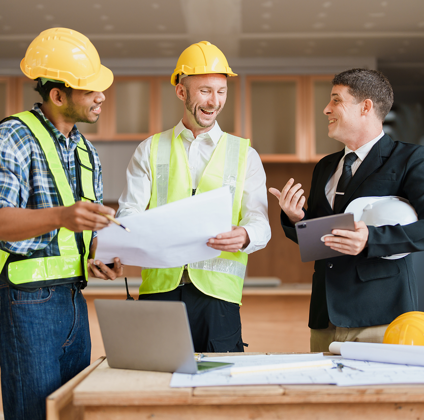 Construction team discussing project plans together. Construction team discussing project plans together.